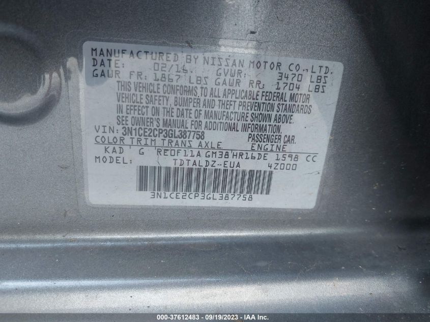 2016 NISSAN VERSA NOTE S/S PLUS/SV/SL/SR - 3N1CE2CP3GL387758
