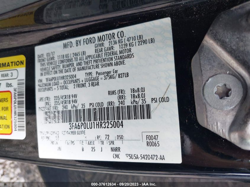 VIN 3FA6P0LU1HR325004 2017 FORD FUSION HYBRID SE