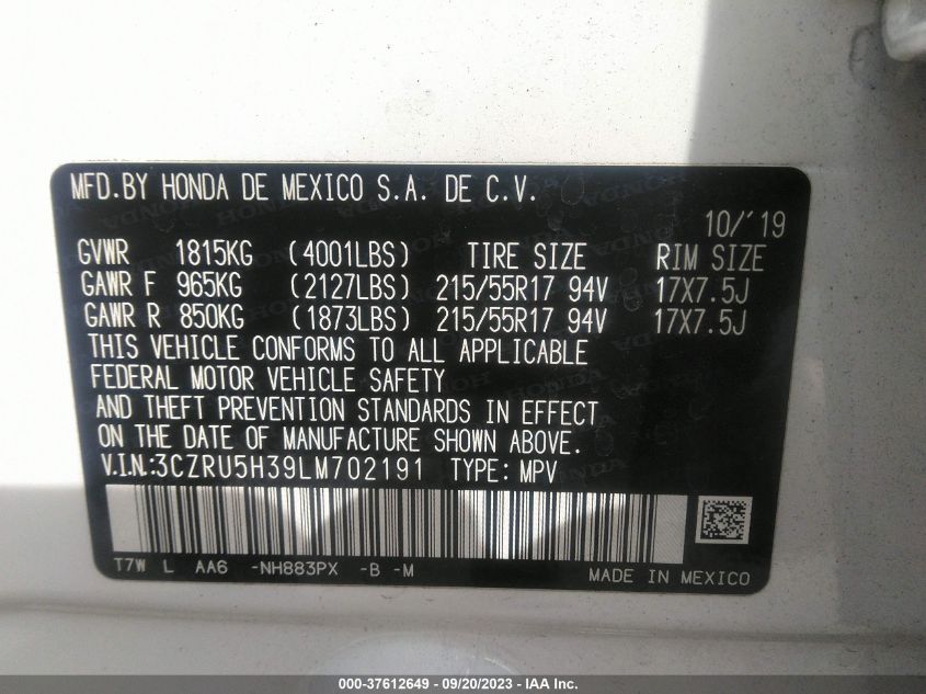 2020 HONDA HR-V LX - 3CZRU5H39LM702191