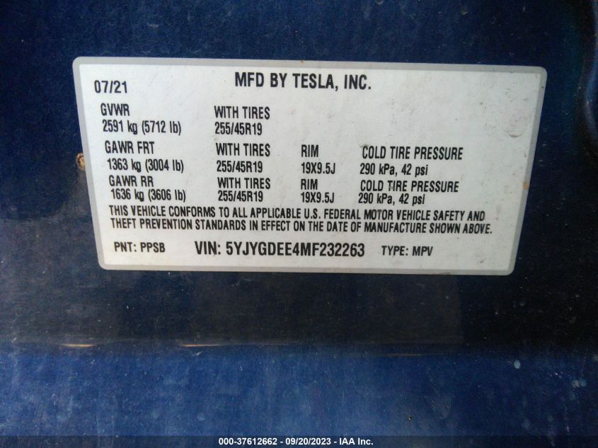 2021 TESLA MODEL Y LONG RANGE - 5YJYGDEE4MF232263