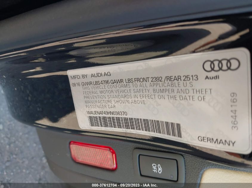 2017 AUDI A4 PREMIUM PLUS - WAUENAF49HN036370