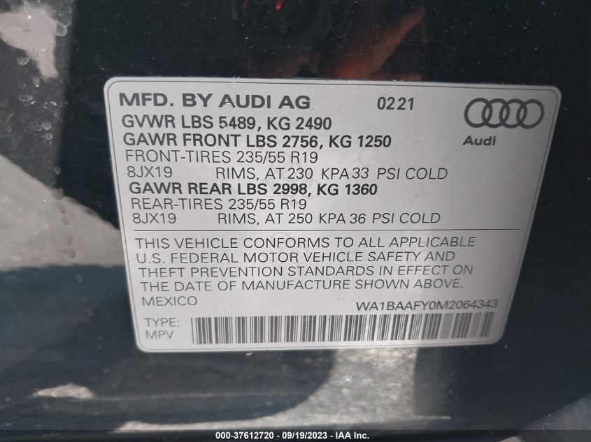 VIN WA1BAAFY0M2064343 2021 AUDI Q5 PREMIUM PLUS