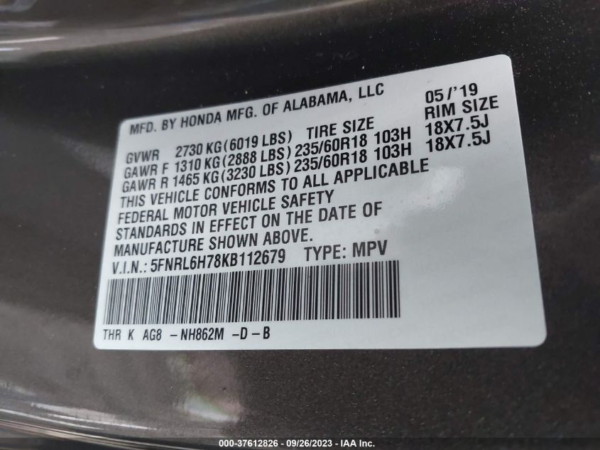 5FNRL6H78KB112679 Honda Odyssey EX-L 9