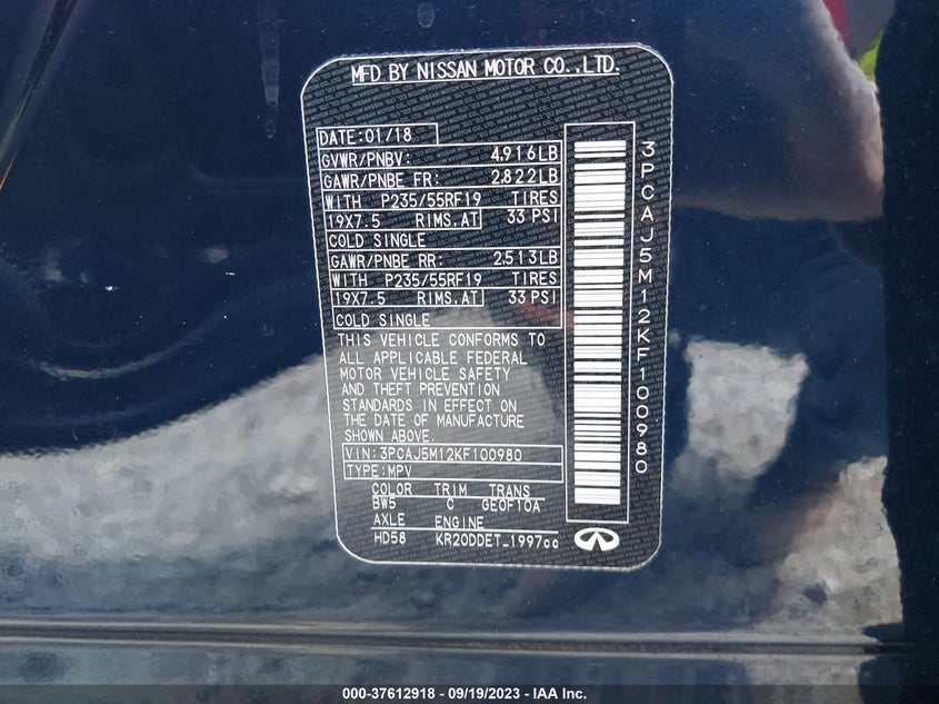 VIN 3PCAJ5M12KF100980 2019 INFINITI QX50 ESSENTIAL/PURE