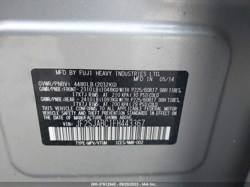 2015 SUBARU FORESTER 2.5I - JF2SJABC1FH443367