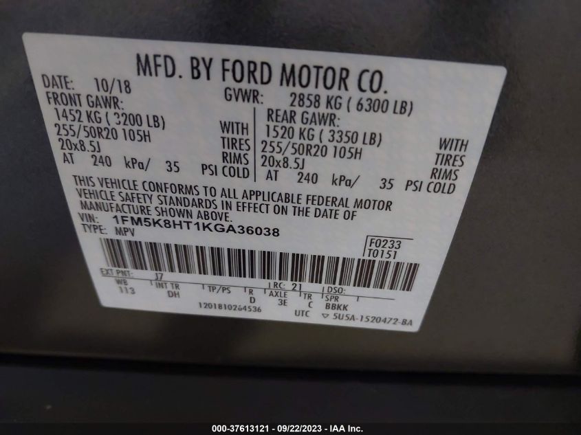 2019 FORD EXPLORER PLATINUM - 1FM5K8HT1KGA36038