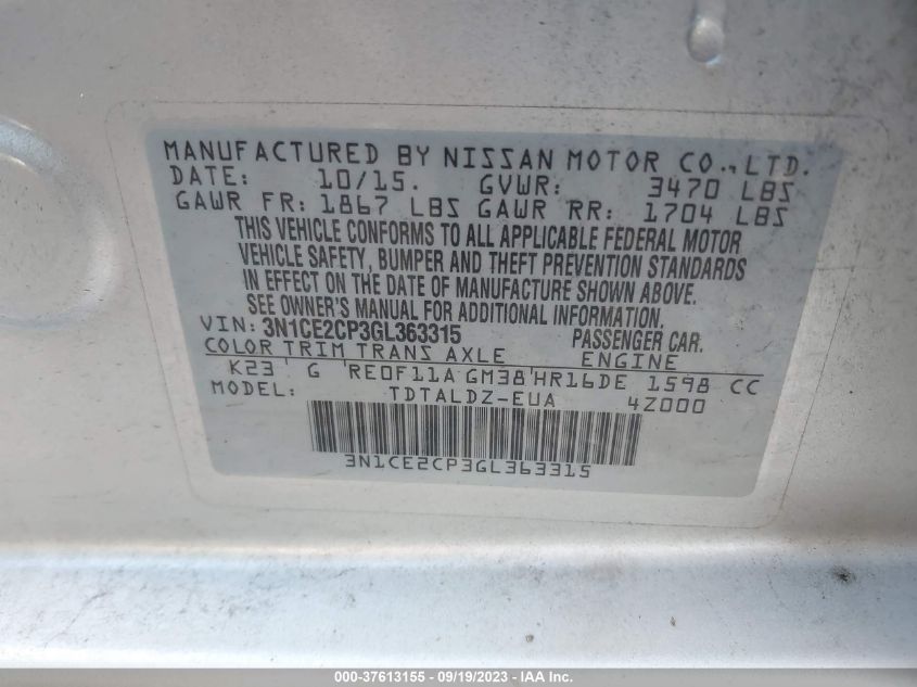 2016 NISSAN VERSA NOTE S/S PLUS/SV/SL/SR - 3N1CE2CP3GL363315