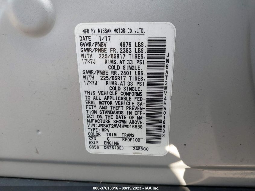 2017 NISSAN ROGUE S/SL/SV - JN8AT2MV4HW016888