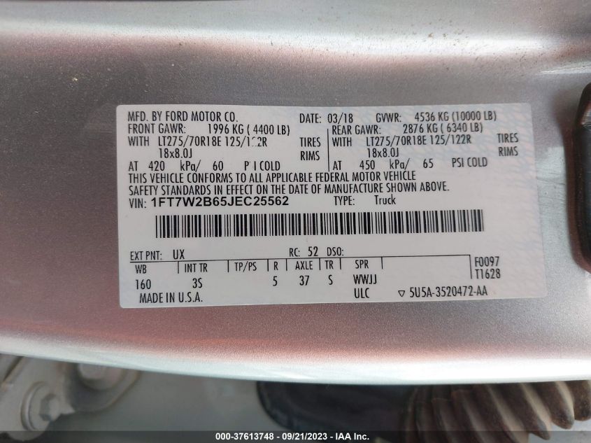 2018 FORD SUPER DUTY F-250 SRW XL/XLT/LARIAT - 1FT7W2B65JEC25562