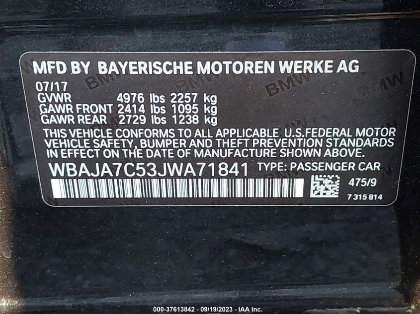 2018 BMW 5 SERIES 530I XDRIVE - WBAJA7C53JWA71841