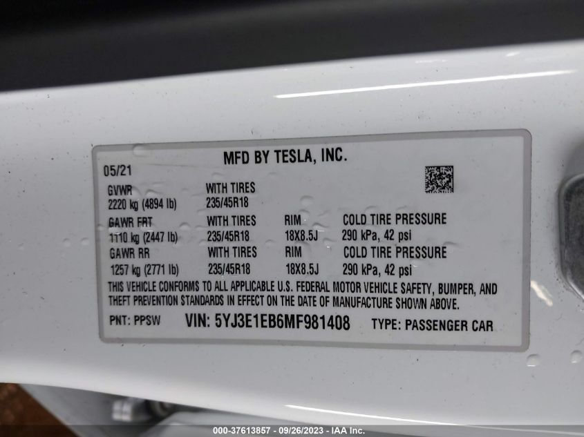 2021 TESLA MODEL 3 LONG RANGE - 5YJ3E1EB6MF981408