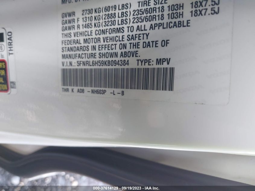 5FNRL6H59KB094384 Honda Odyssey EX 9