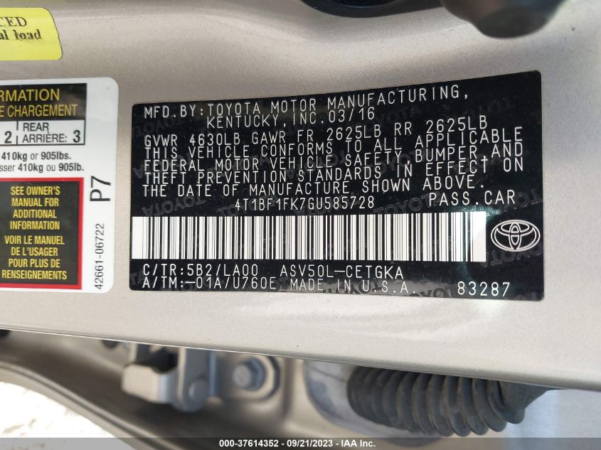 2016 TOYOTA CAMRY XLE/SE/LE/XSE - 4T1BF1FK7GU585728