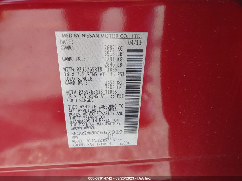 2013 NISSAN PATHFINDER S/SV/SL/PLATINUM - 5N1AR2MN9DC667919