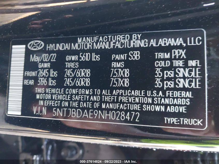 2022 HYUNDAI SANTA CRUZ SEL 5NTJBDAE9NH028472