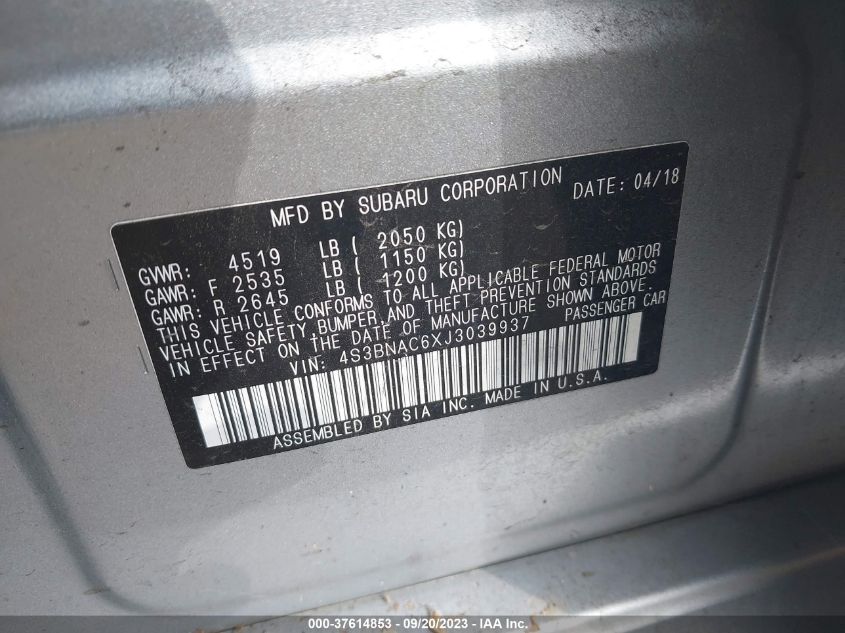 VIN 4S3BNAC6XJ3039937 2018 SUBARU LEGACY PREMIUM