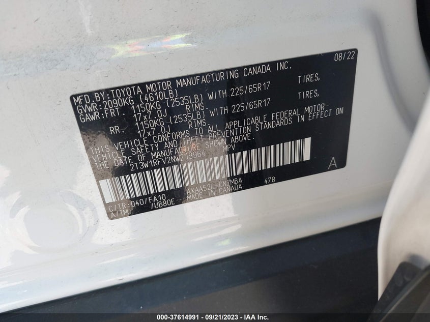 2022 TOYOTA RAV4 2.5L DOHC 4-CYLINDER(VIN: 2T3W1RFV2NW219964