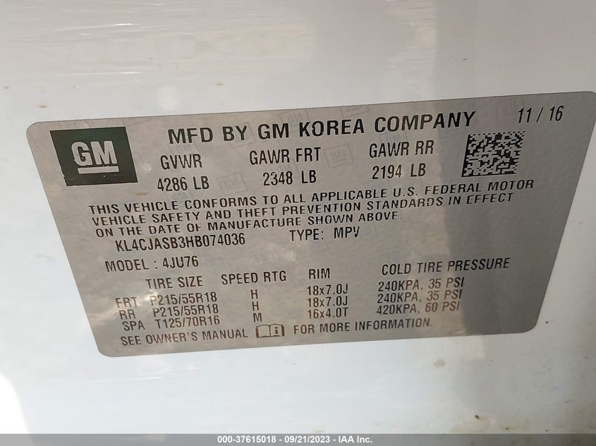 VIN KL4CJASB3HB074036 2017 BUICK ENCORE PREFERRED
