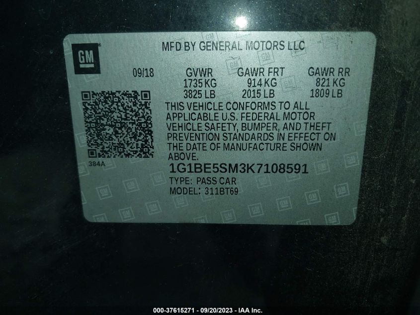 2019 CHEVROLET CRUZE LT - 1G1BE5SM3K7108591