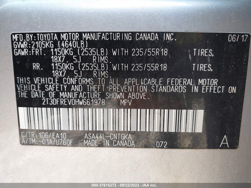 VIN 2T3DFREV0HW661978 2017 TOYOTA RAV4 LIMITED/PLATINUM