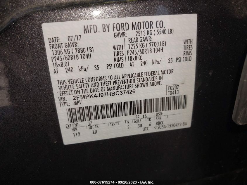 VIN 2FMPK4J97HBC37426 2017 FORD EDGE SEL