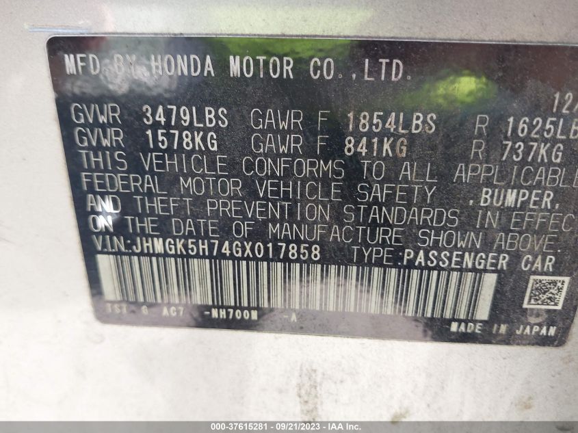 2016 HONDA FIT EX/EXL - JHMGK5H74GX017858
