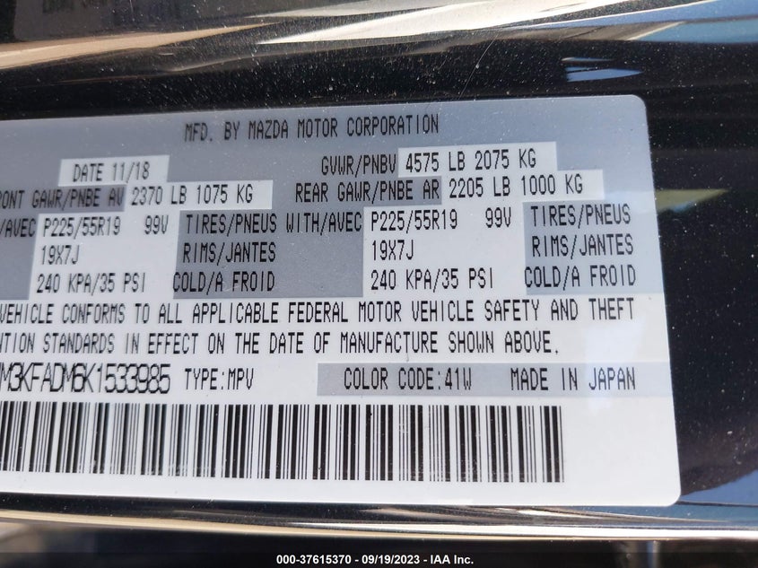 VIN JM3KFADM6K1533985 2019 MAZDA CX-5 GRAND TOURING