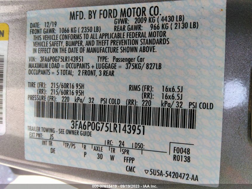 3FA6P0G75LR143951 Ford Fusion S 9