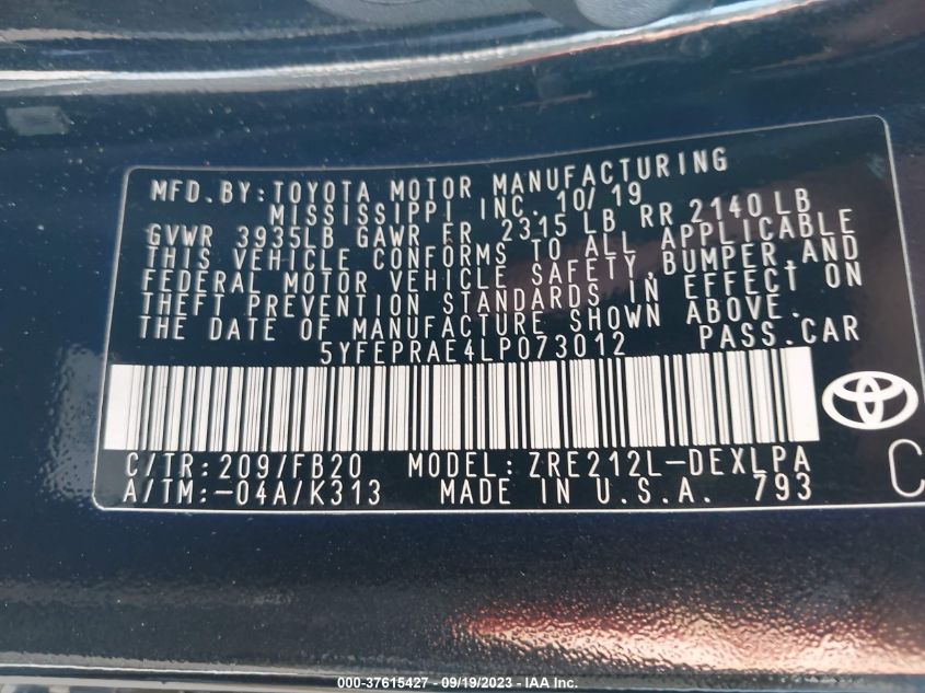 VIN 5YFEPRAE4LP073012 2020 TOYOTA COROLLA LE