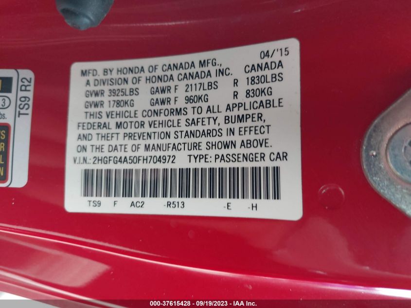 2015 HONDA CIVIC COUPE SI 2HGFG4A50FH704972