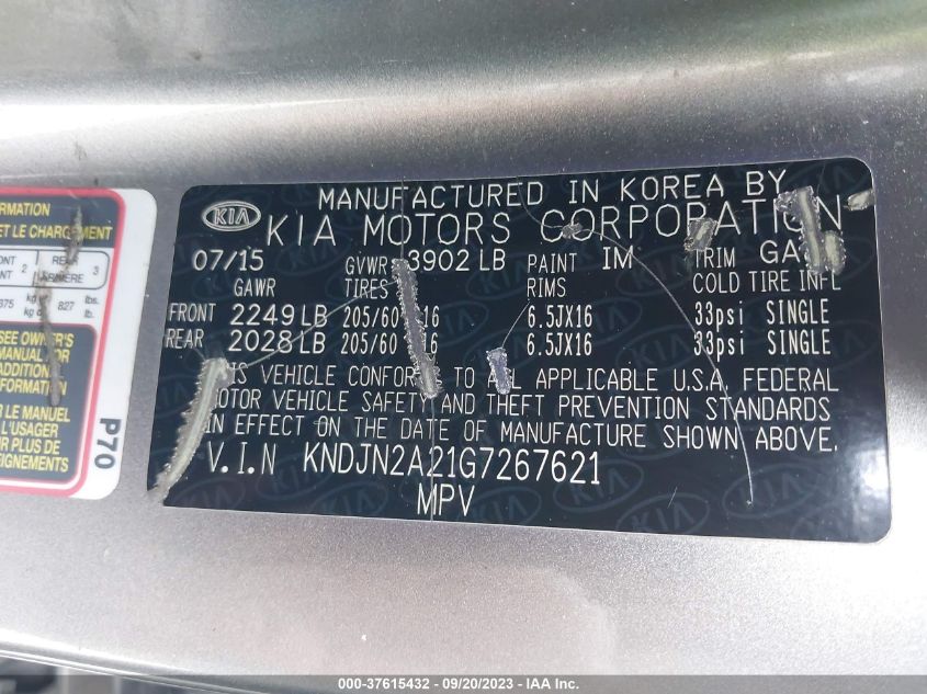 2016 KIA SOUL BASE - KNDJN2A21G7267621