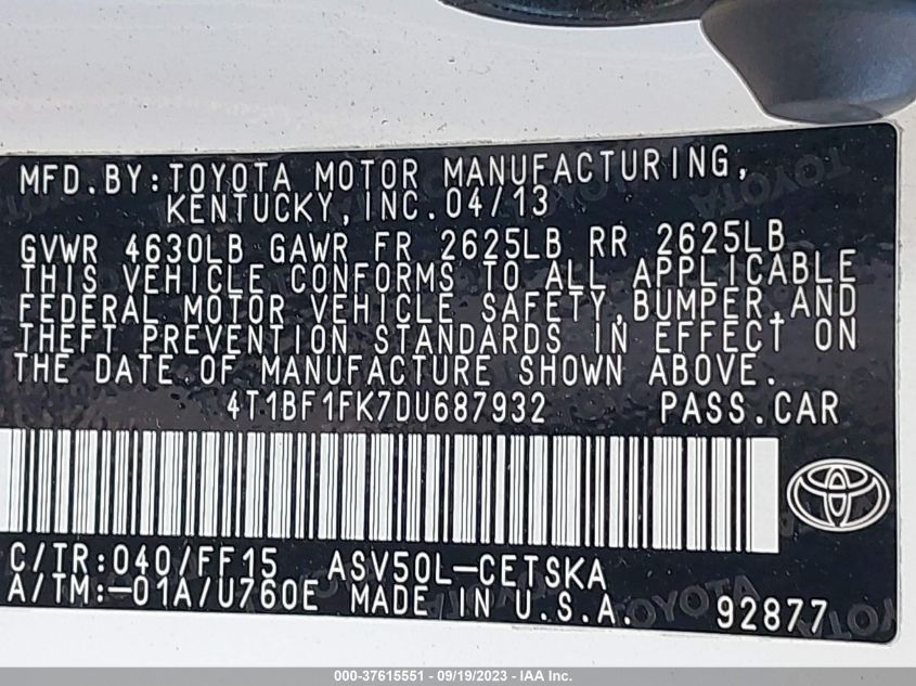 2013 TOYOTA CAMRY L/LE/SE/XLE - 4T1BF1FK7DU687932