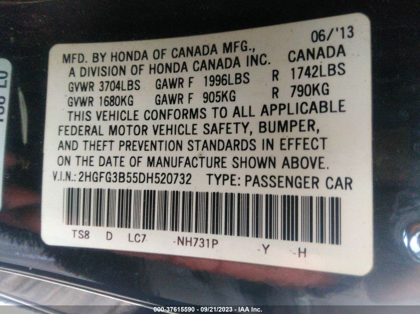 2013 HONDA CIVIC CPE LX 2HGFG3B55DH520732