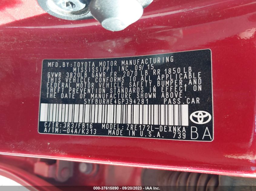 2016 TOYOTA COROLLA L/LE/S/S PLUS/LE PLUS - 5YFBURHE4GP394281