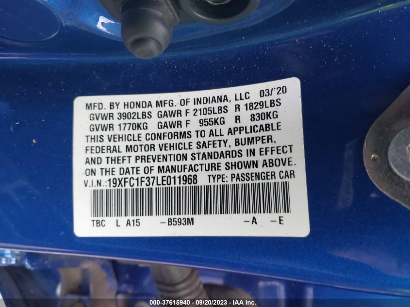 VIN 19XFC1F37LE011968 2020 HONDA CIVIC SEDAN EX