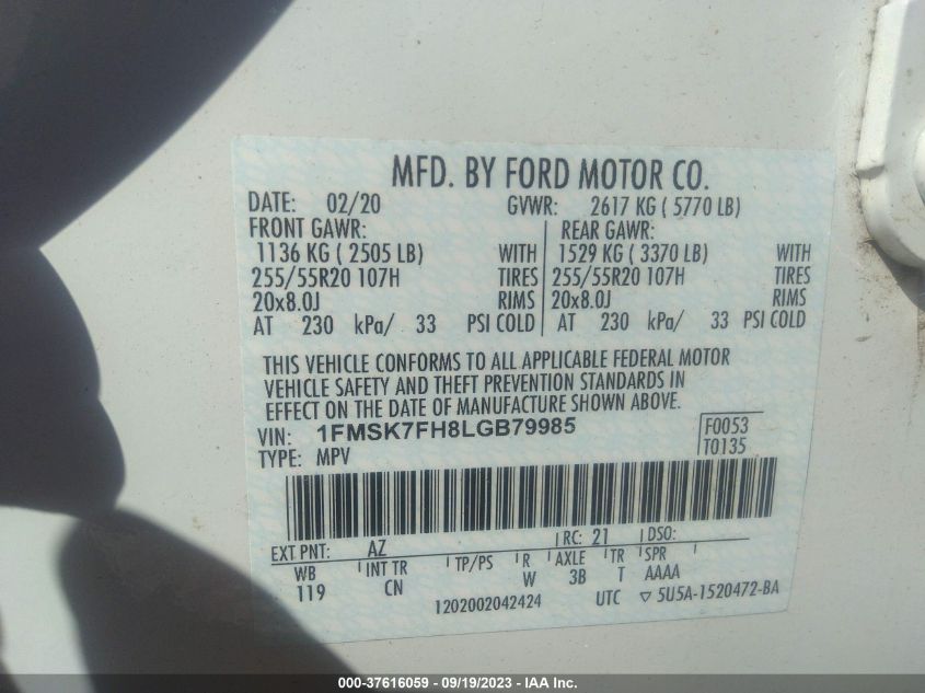 2020 FORD EXPLORER LIMITED - 1FMSK7FH8LGB79985