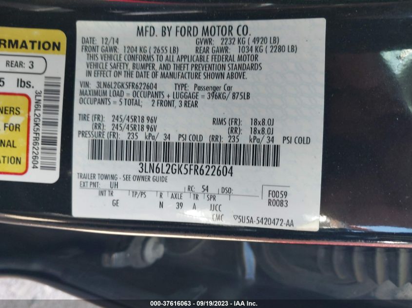 2015 LINCOLN MKZ - 3LN6L2GK5FR622604