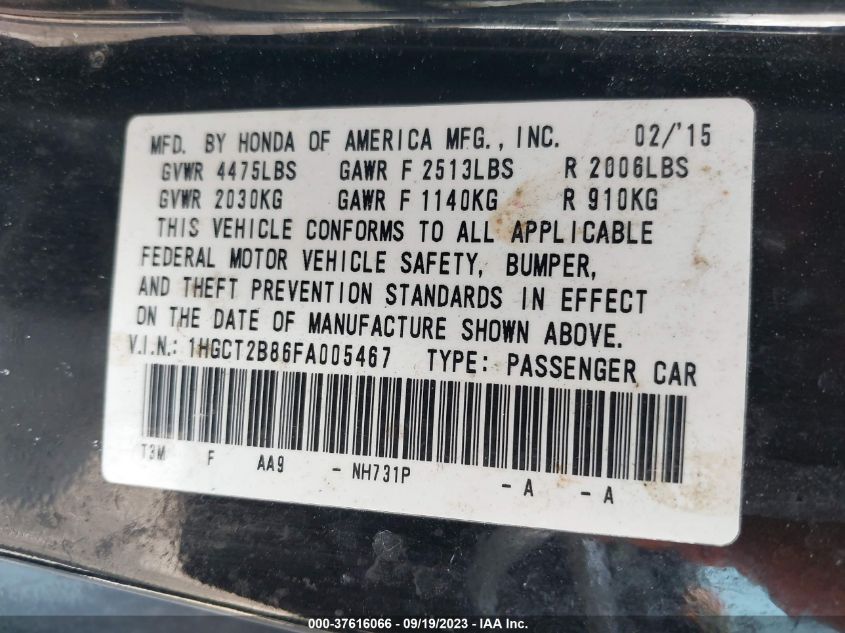 2015 HONDA ACCORD COUPE EX-L 1HGCT2B86FA005467