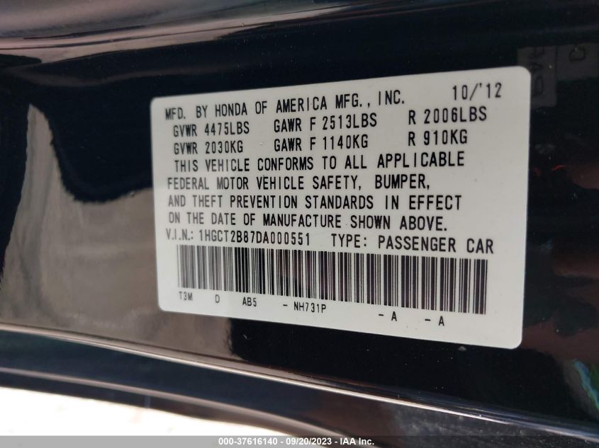2013 HONDA ACCORD EX-L V-6 - 1HGCT2B87DA000551