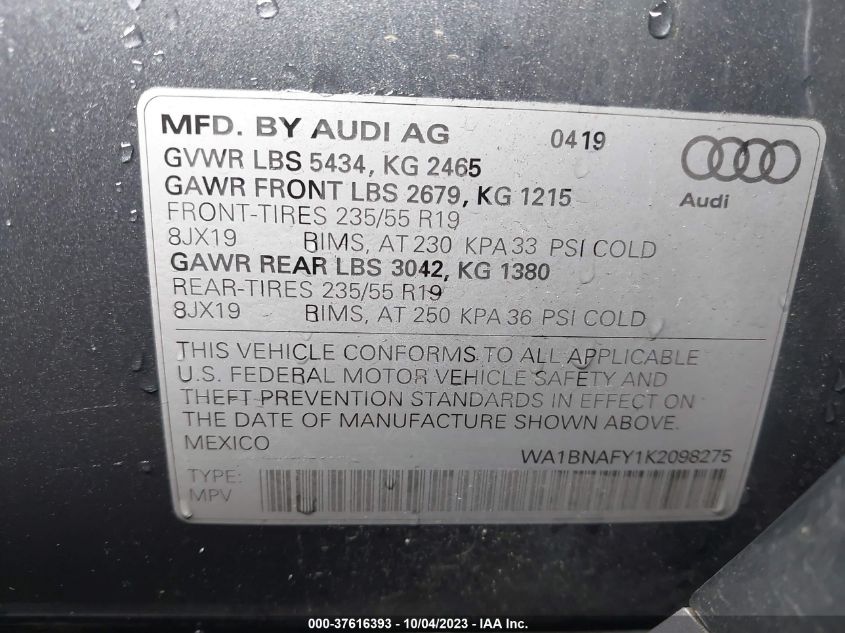 WA1BNAFY1K2098275 2019 AUDI Q5, photo no. 9