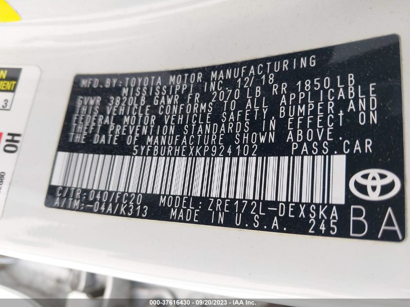 2019 TOYOTA COROLLA SE - 5YFBURHEXKP924102