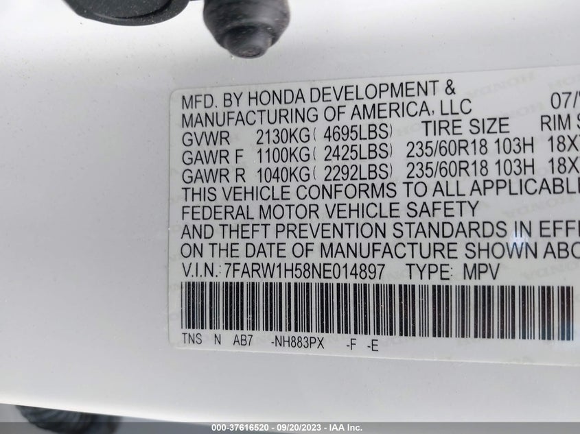 VIN 7FARW1H58NE014897 2022 HONDA CR-V EX