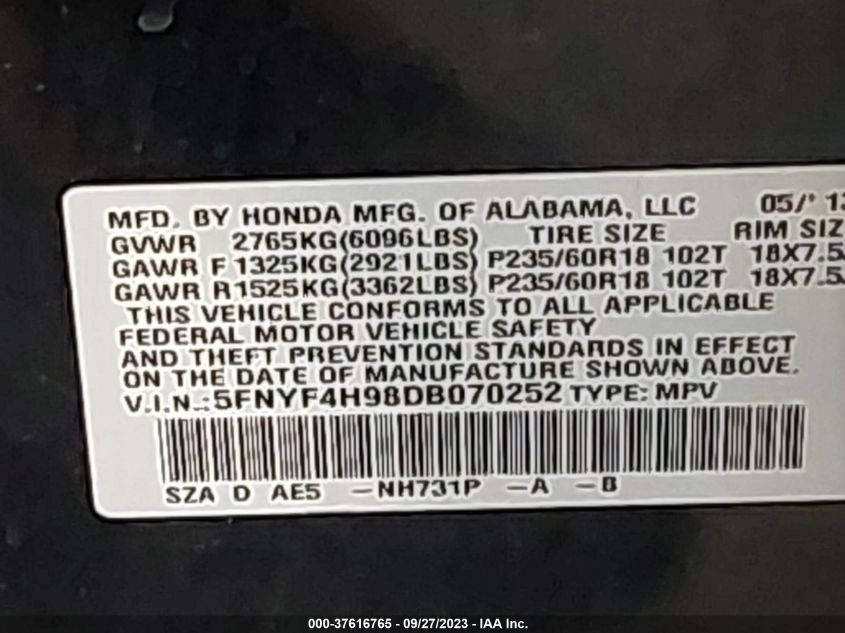 2013 HONDA PILOT TOURING - 5FNYF4H98DB070252