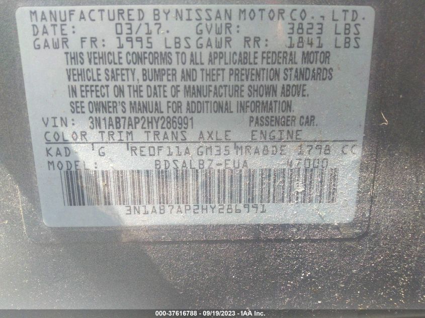 2017 NISSAN SENTRA S/SV/SR/SL - 3N1AB7AP2HY286991