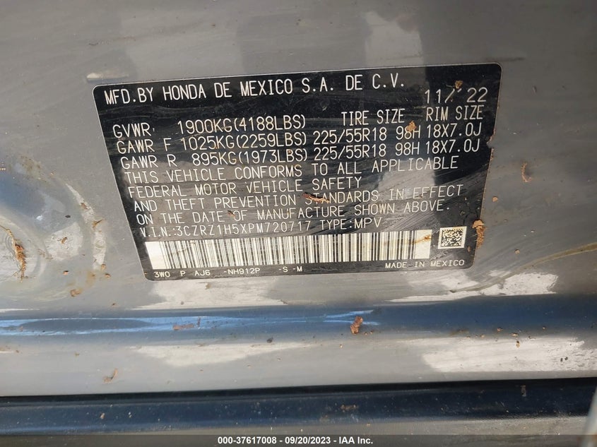 VIN 3CZRZ1H5XPM720717 2023 HONDA HR-V SPORT