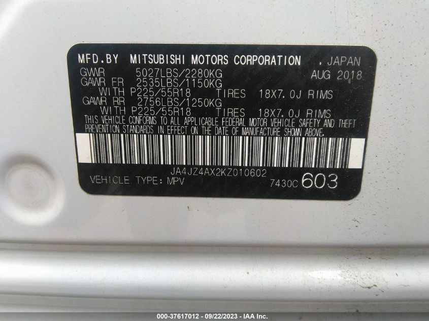 2019 MITSUBISHI OUTLANDER GT - JA4JZ4AX2KZ010602