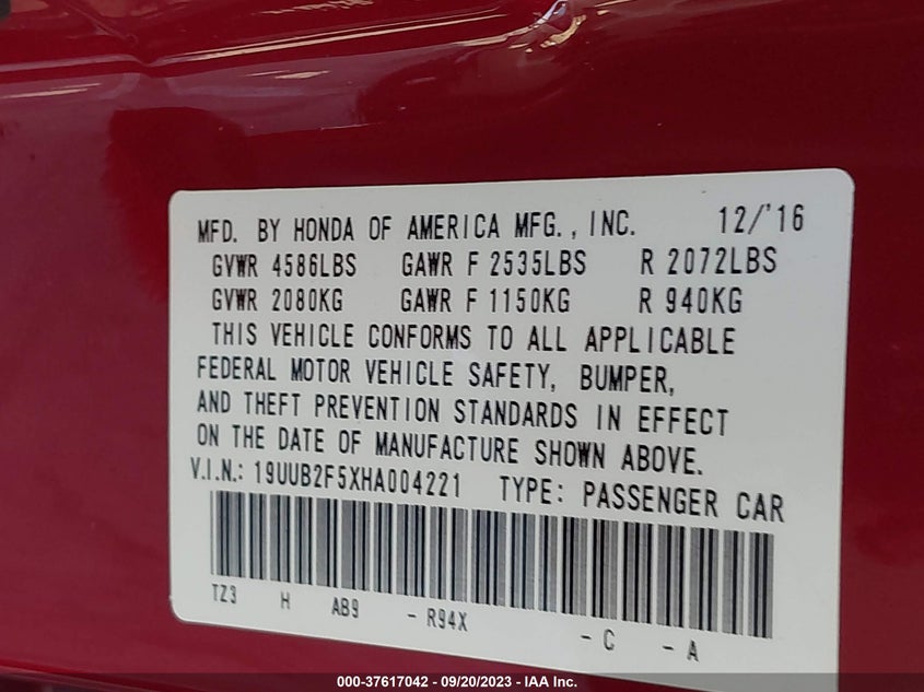 VIN 19UUB2F5XHA004221 2017 ACURA TLX V6 W/TECHNOLOGY PKG