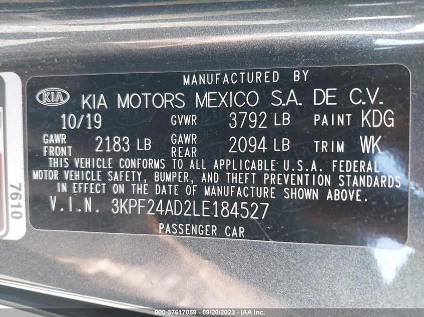 VIN 3KPF24AD2LE184527 2020 KIA FORTE LXS