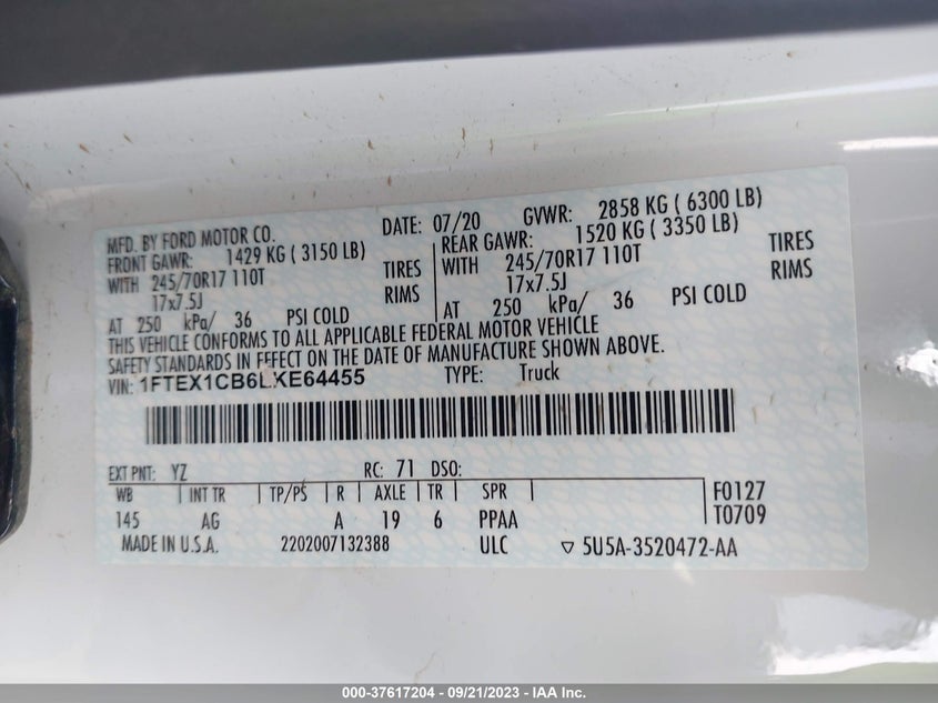 VIN 1FTEX1CB6LKE64455 2020 FORD F-150 XL/XLT