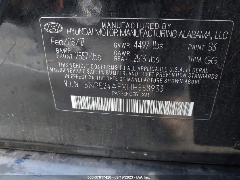 2017 HYUNDAI SONATA 2.4L - 5NPE24AFXHH558933